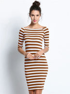Off Shoulder Stripe Three Quarter Sleeve Bodycon Knee Length Dress