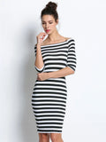 Off Shoulder Stripe Three Quarter Sleeve Bodycon Knee Length Dress