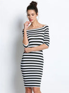 Off Shoulder Stripe Three Quarter Sleeve Bodycon Knee Length Dress
