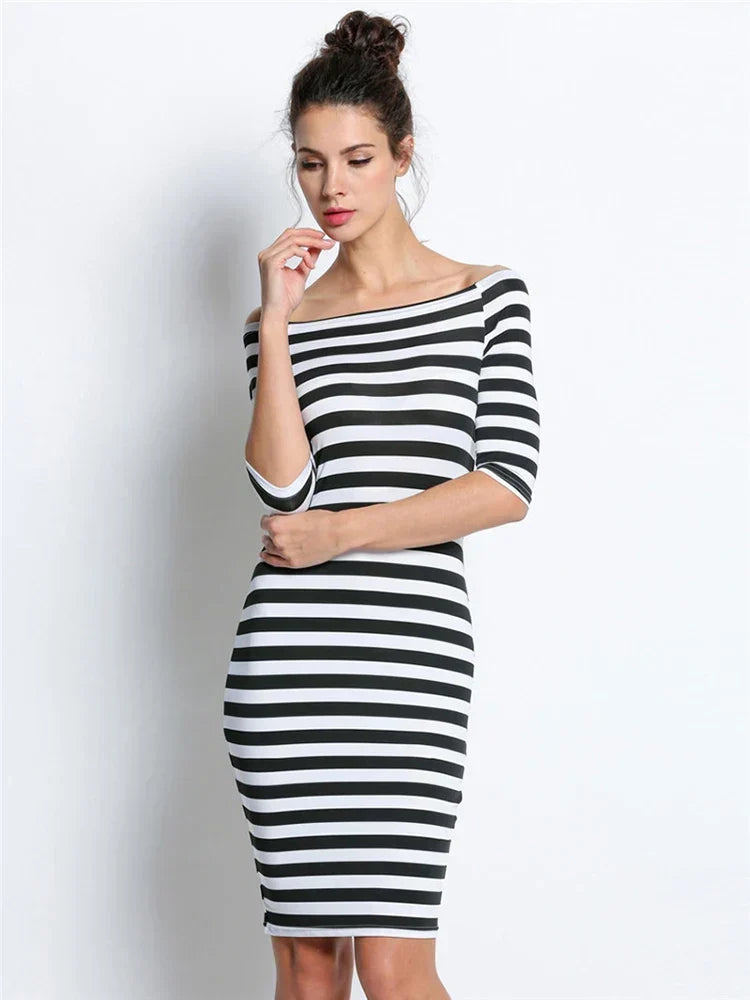 Off Shoulder Stripe Three Quarter Sleeve Bodycon Knee Length Dress