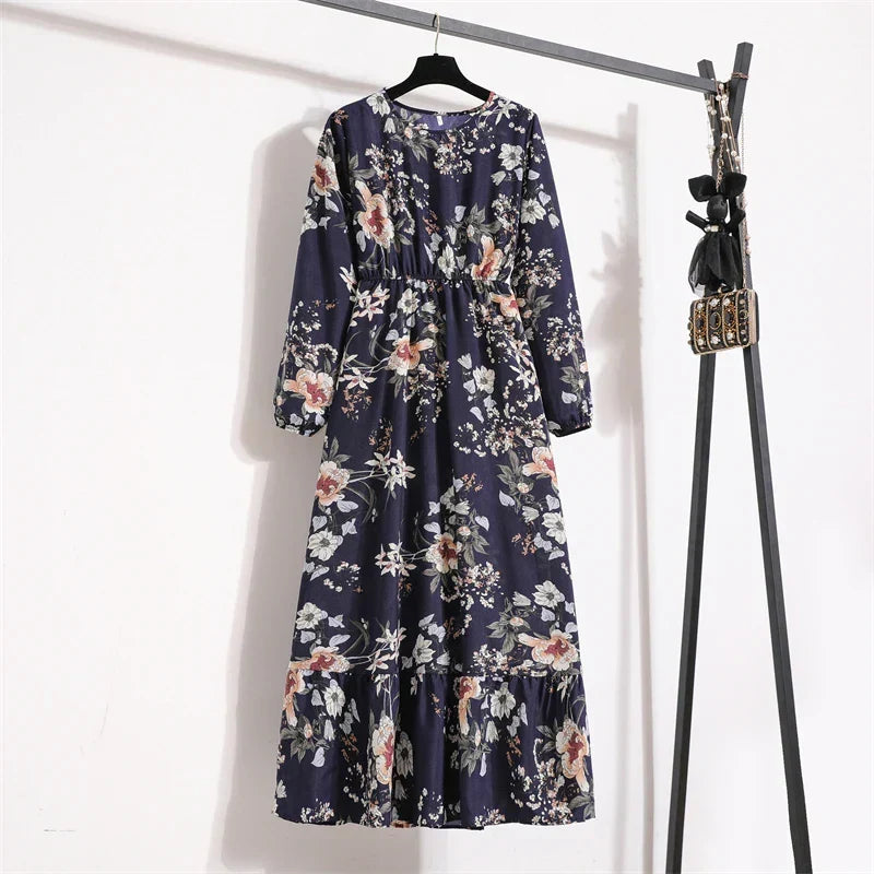 Floral Print Empire Waist Tiered Long Sleeve Maxi Dress