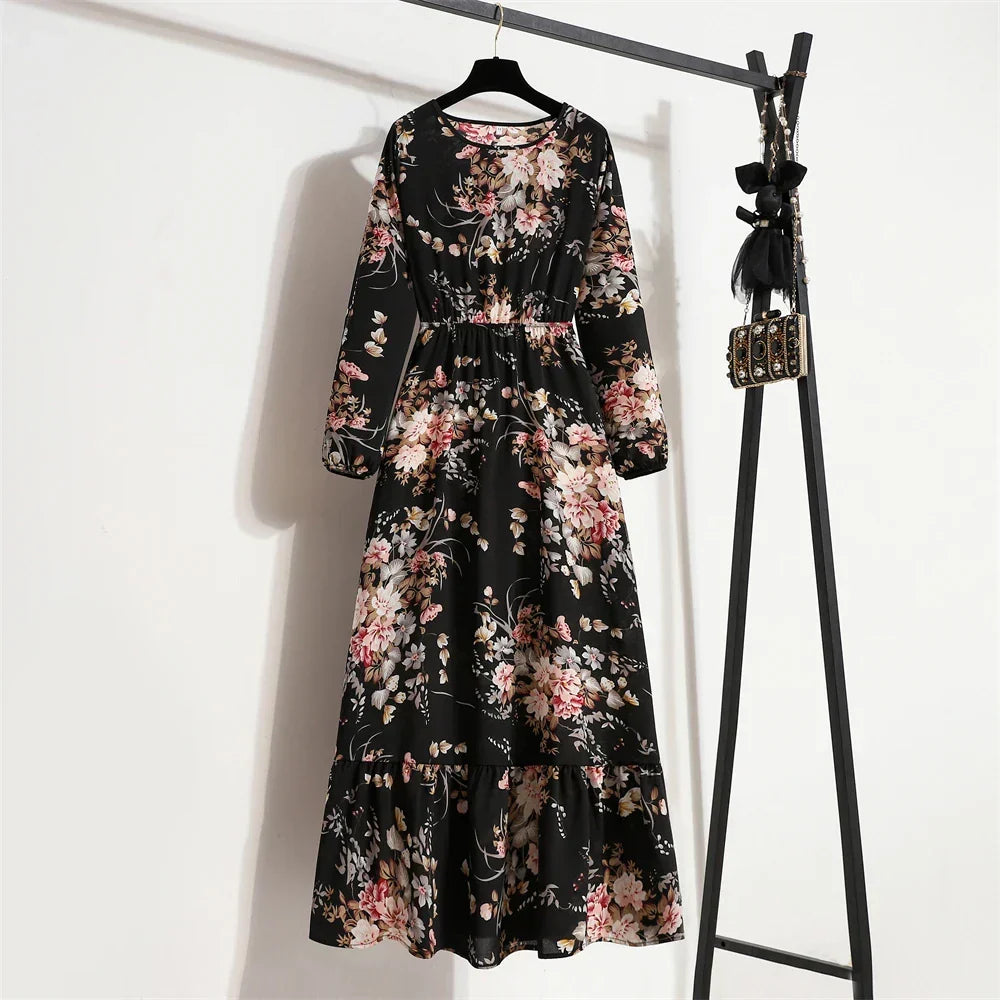 Floral Print Empire Waist Tiered Long Sleeve Maxi Dress