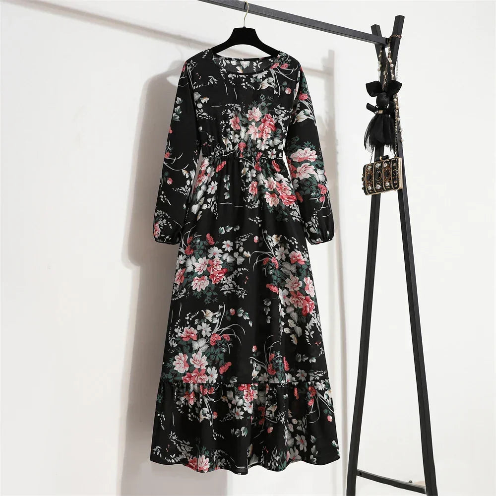 Floral Print Empire Waist Tiered Long Sleeve Maxi Dress