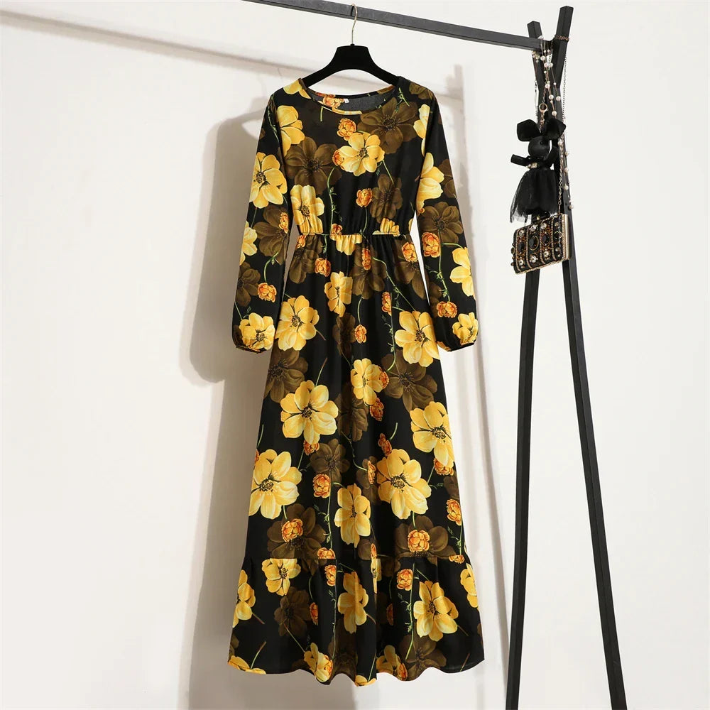 Floral Print Empire Waist Tiered Long Sleeve Maxi Dress