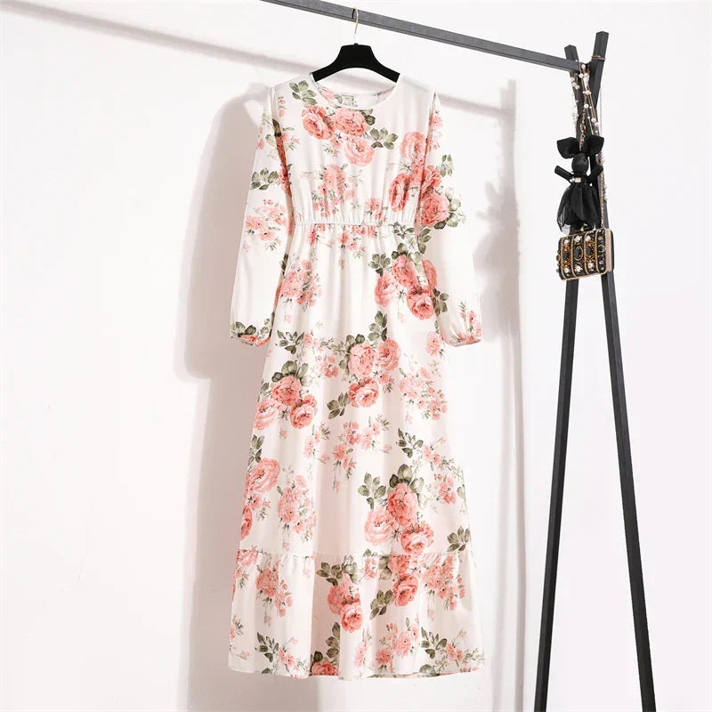 Floral Print Empire Waist Tiered Long Sleeve Maxi Dress