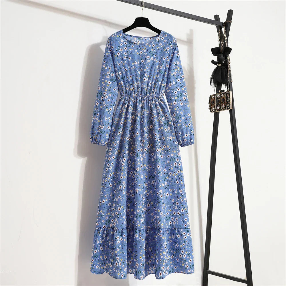 Floral Print Empire Waist Tiered Long Sleeve Maxi Dress