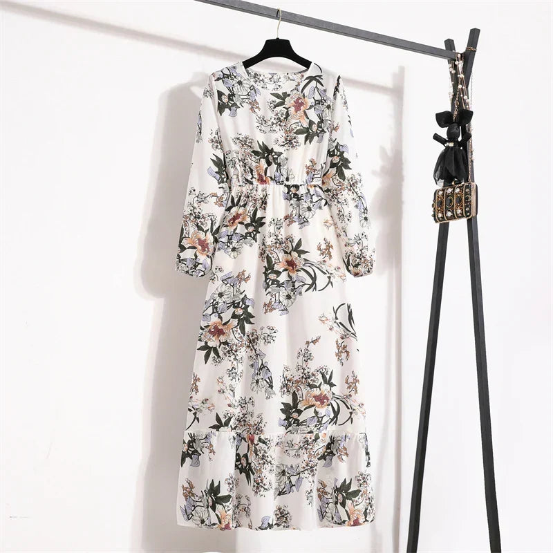 Floral Print Empire Waist Tiered Long Sleeve Maxi Dress