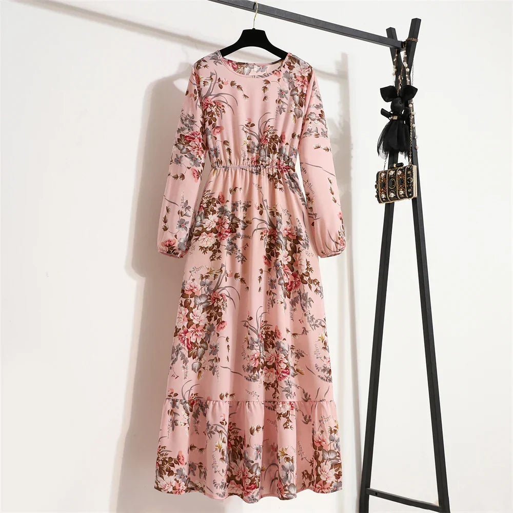 Floral Print Empire Waist Tiered Long Sleeve Maxi Dress
