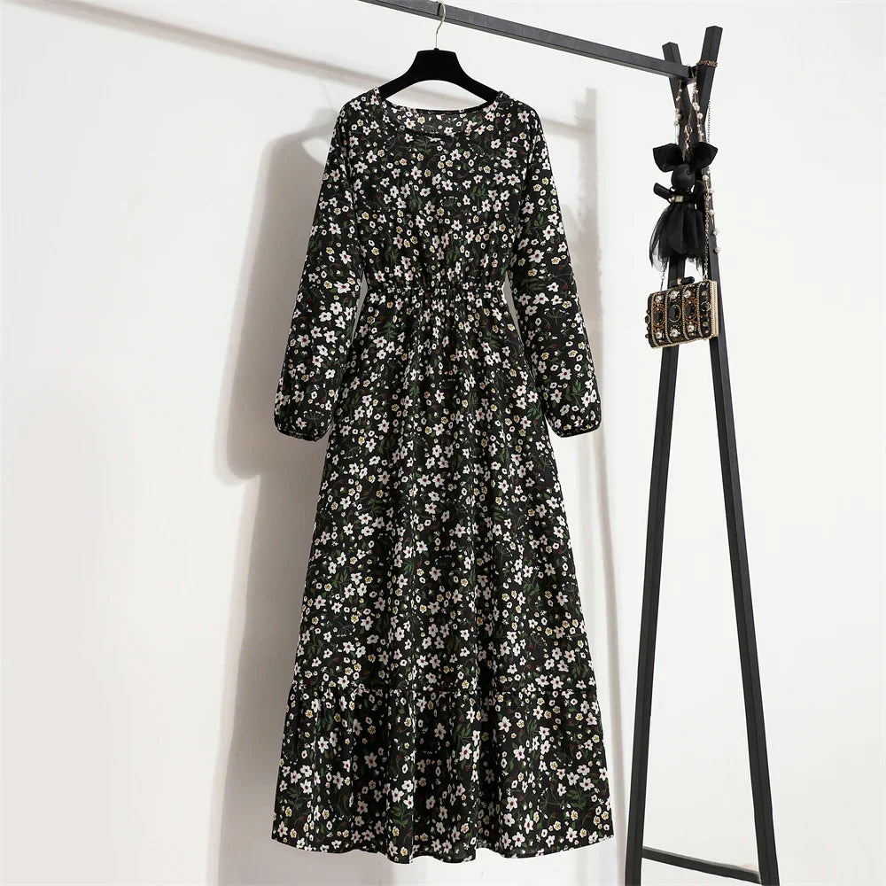 Floral Print Empire Waist Tiered Long Sleeve Maxi Dress