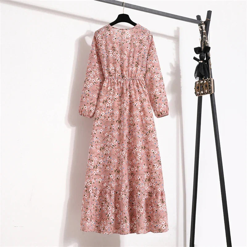 Floral Print Empire Waist Tiered Long Sleeve Maxi Dress
