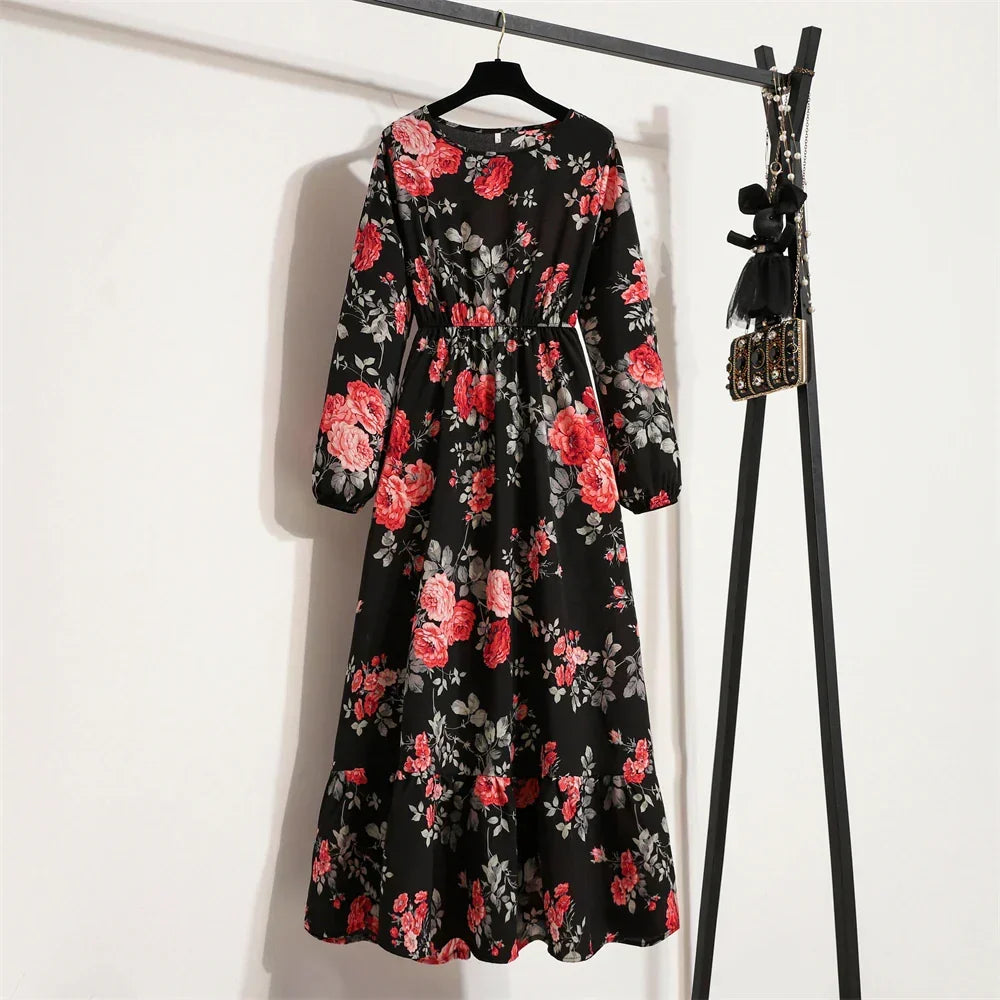 Floral Print Empire Waist Tiered Long Sleeve Maxi Dress