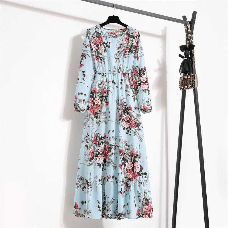 Floral Print Empire Waist Tiered Long Sleeve Maxi Dress