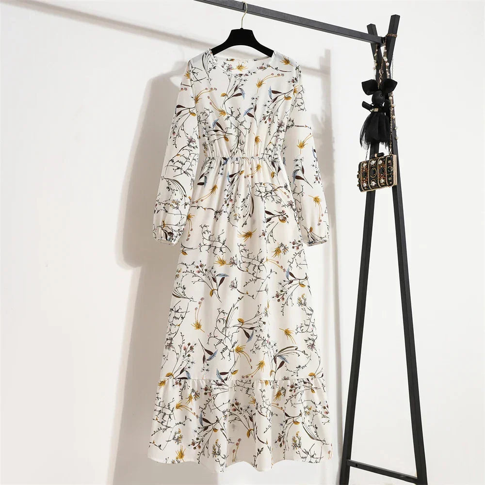 Floral Print Empire Waist Tiered Long Sleeve Maxi Dress