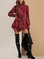 Ditsy Floral Smocked Neck Bishop Sleeve Tie Waist Tiered Romper