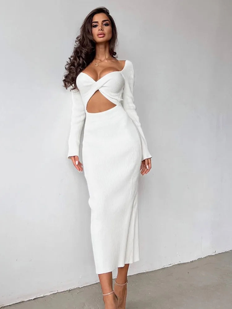 Ribbed Knit Twist Front Sweetheart Cutout Long Sleeve Bodycon Maxi Dress