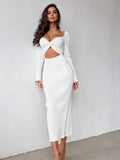 Ribbed Knit Twist Front Sweetheart Cutout Long Sleeve Bodycon Maxi Dress