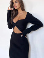Ribbed Knit Twist Front Sweetheart Cutout Long Sleeve Bodycon Maxi Dress