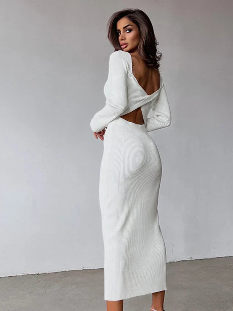 Ribbed Knit Twist Front Sweetheart Cutout Long Sleeve Bodycon Maxi Dress