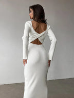 Ribbed Knit Twist Front Sweetheart Cutout Long Sleeve Bodycon Maxi Dress