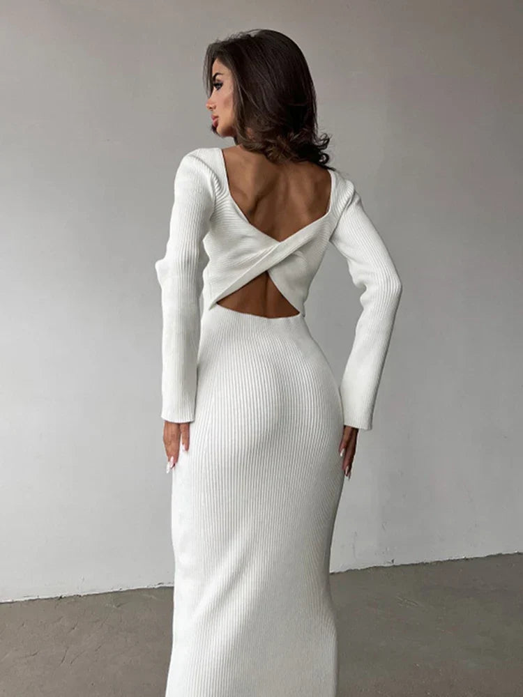 Ribbed Knit Twist Front Sweetheart Cutout Long Sleeve Bodycon Maxi Dress
