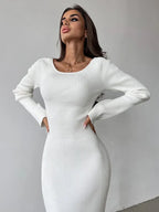 Ribbed Knit Twist Front Sweetheart Cutout Long Sleeve Bodycon Maxi Dress