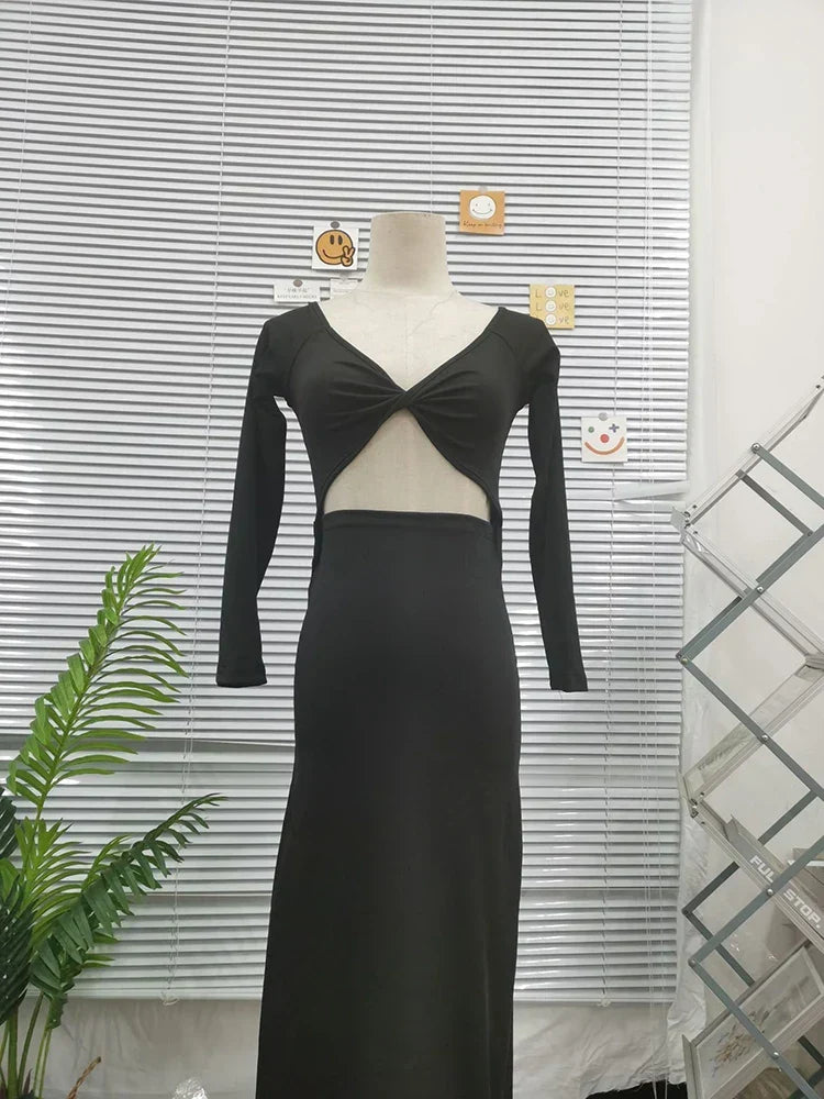 Ribbed Knit Twist Front Sweetheart Cutout Long Sleeve Bodycon Maxi Dress