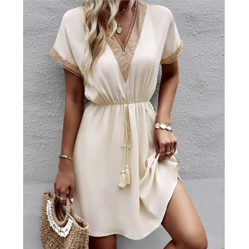 Crochet Trim Deep V-Neck Tassel Waist Cinched Mini Dress