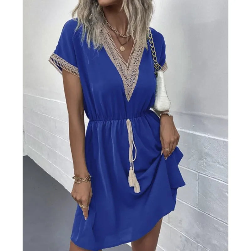 Crochet Trim Deep V-Neck Tassel Waist Cinched Mini Dress