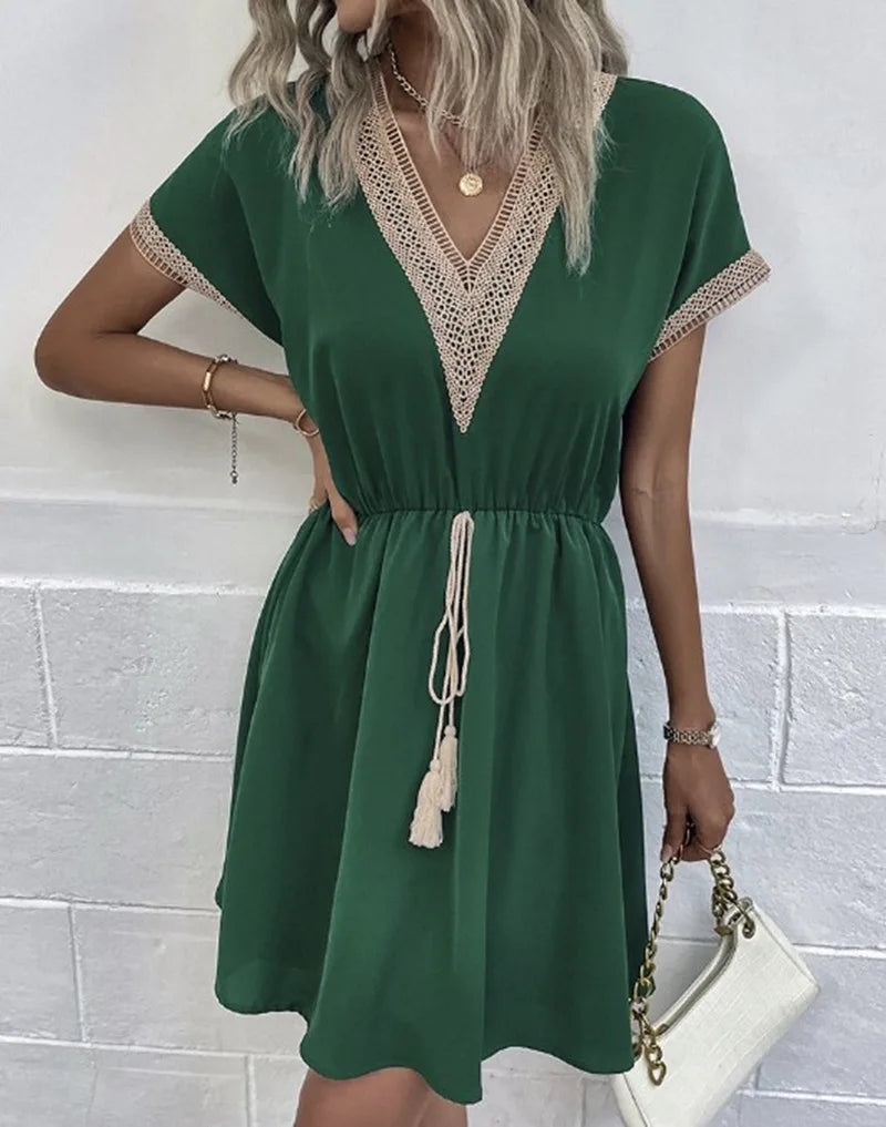 Crochet Trim Deep V-Neck Tassel Waist Cinched Mini Dress