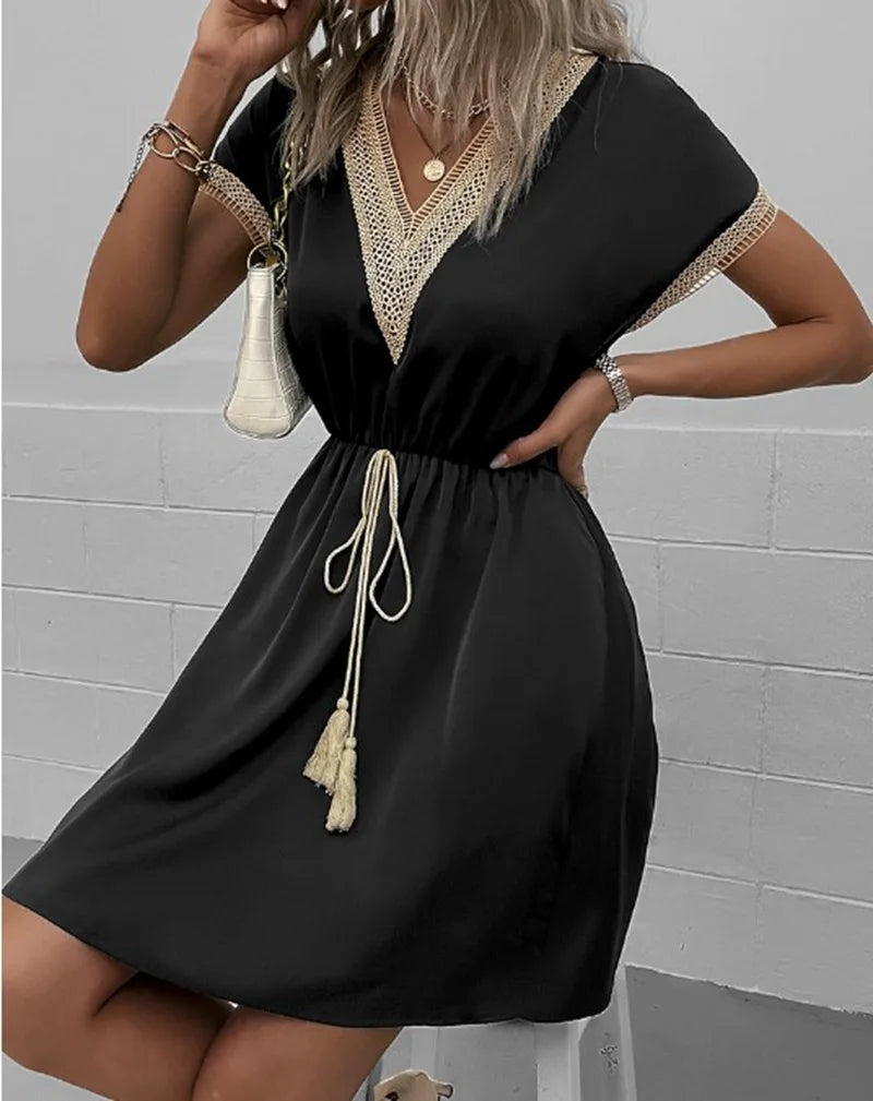 Crochet Trim Deep V-Neck Tassel Waist Cinched Mini Dress