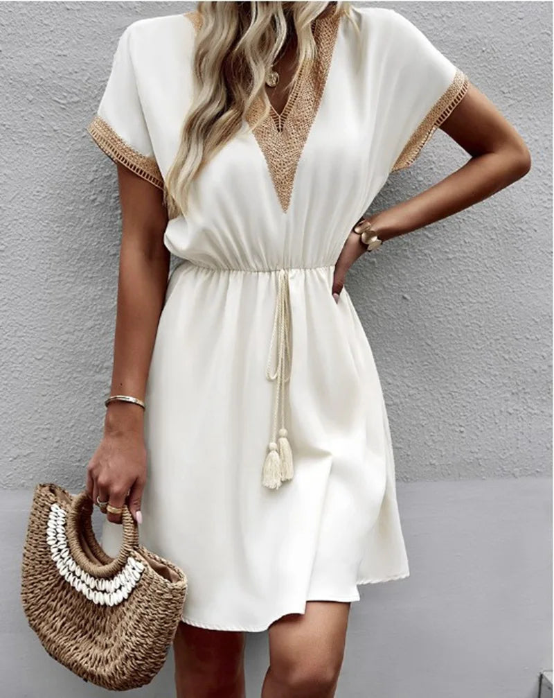 Crochet Trim Drawstring Waist V Neck Boho Mini Dress