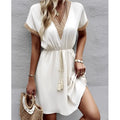 Crochet Trim Deep V-Neck Tassel Waist Cinched Mini Dress