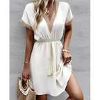 Crochet Trim Deep V-Neck Tassel Waist Cinched Mini Dress