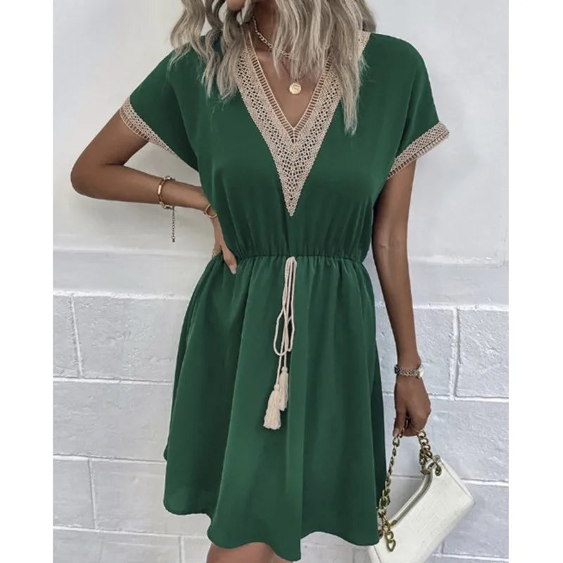 Crochet Trim Drawstring Waist V Neck Boho Mini Dress