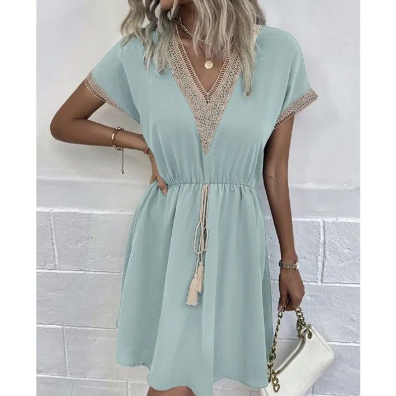 Crochet Trim Deep V-Neck Tassel Waist Cinched Mini Dress