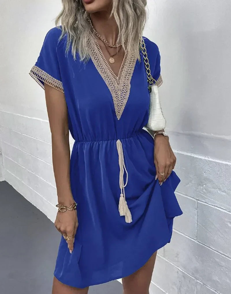 Crochet Trim Deep V-Neck Tassel Waist Cinched Mini Dress