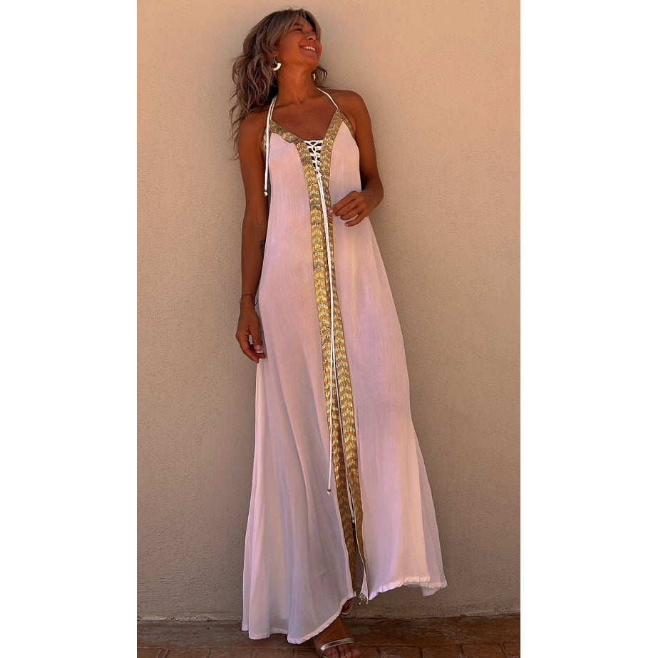 Lace up Halterneck Dress Casual Loose Vacation Large Swing Dress