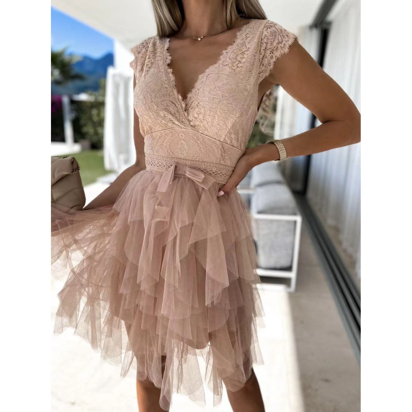 V neck Lace Stitching Dress Casual Short Sleeve Dress