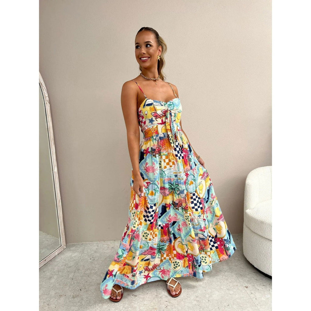 Suspender Printing Dress Loose Vacation Casual Rubber BDress