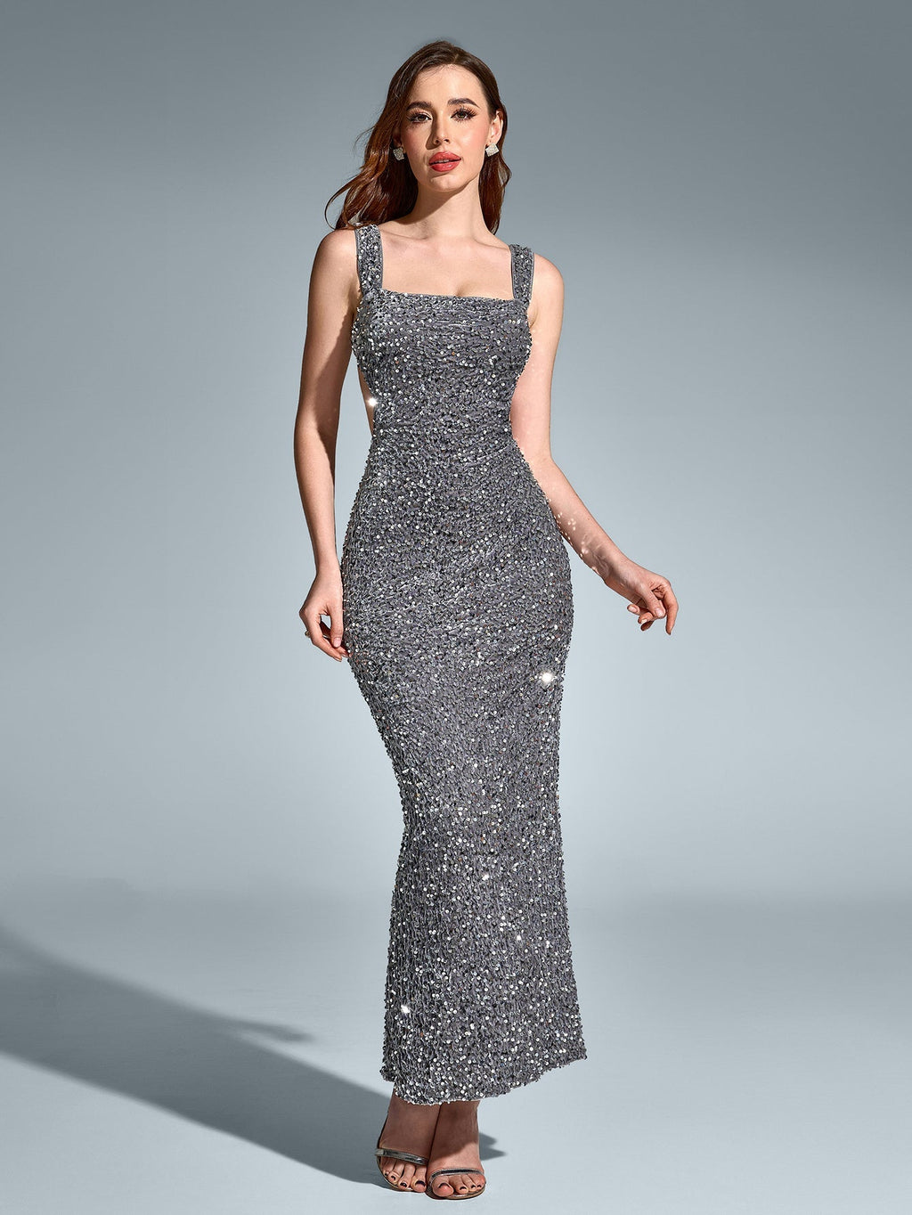 Square Neck Cut Out Split Hem Sequin Dress