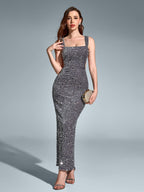 Square Neck Cut Out Split Hem Sequin Dress