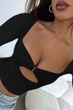 Square Neck Cutout Long Sleeve Crop Top