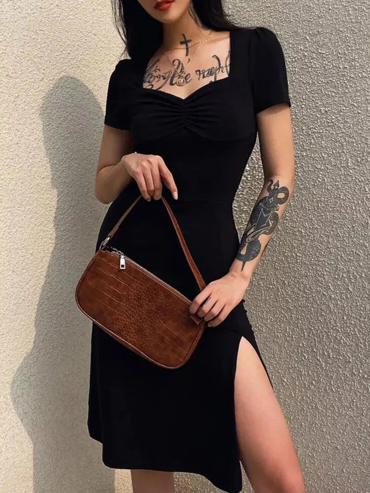 Square Neck Ruched Cap Sleeve High Split Bodycon Midi Dress