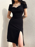 Ruched Sweetheart Cap Sleeve Side Slit Bodycon Midi Dress