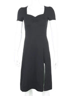Ruched Sweetheart Cap Sleeve Side Slit Bodycon Midi Dress
