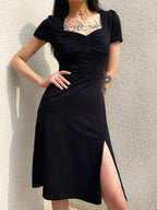 Square Neck Ruched Cap Sleeve High Split Bodycon Midi Dress