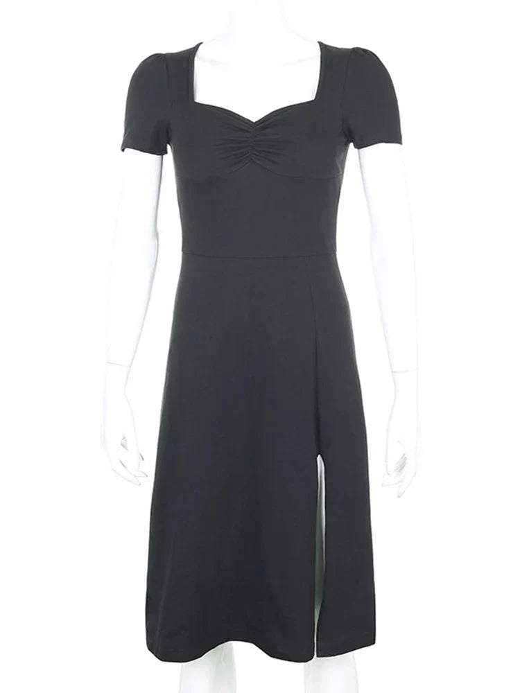 Square Neck Ruched Cap Sleeve High Split Bodycon Midi Dress