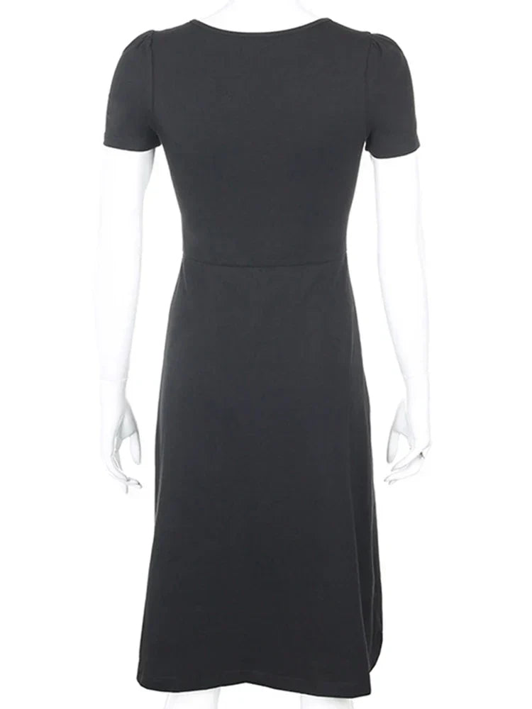 Square Neck Ruched Cap Sleeve High Split Bodycon Midi Dress