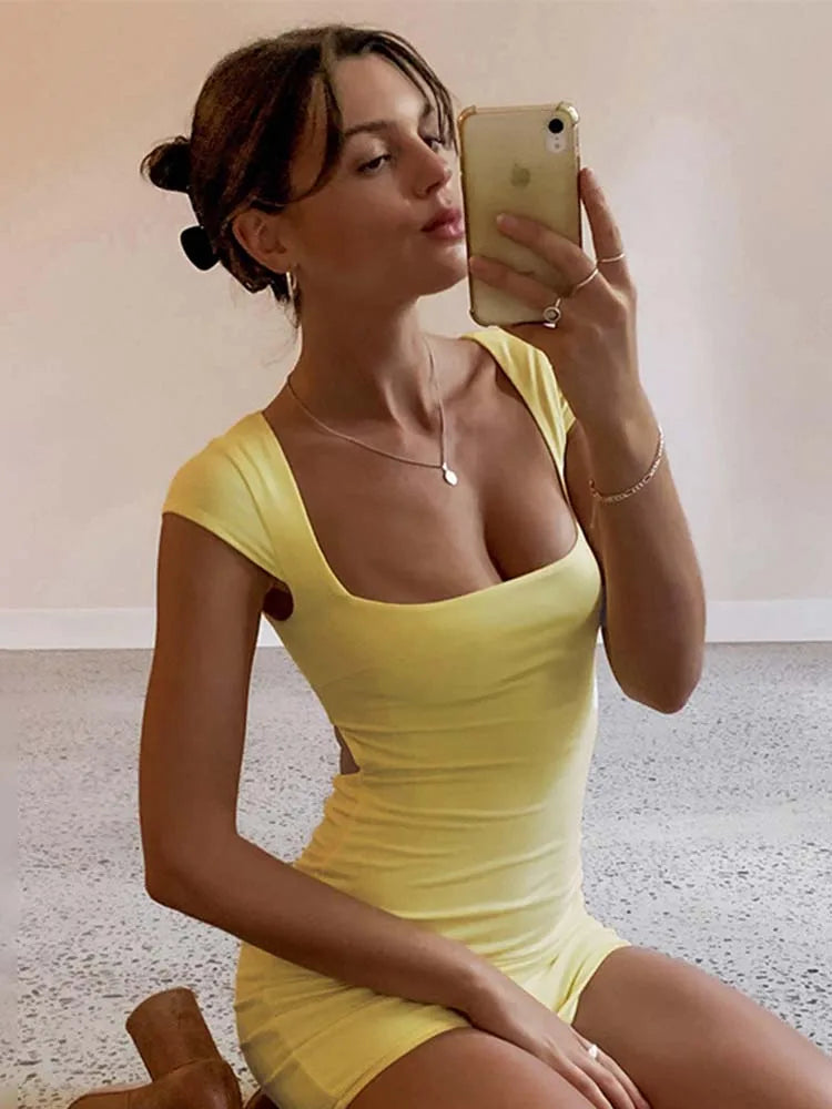 Square Neck Cap Sleeve Ruched Waist Bodycon Mini Dress