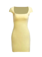 Square Neck Cap Sleeve Ruched Waist Bodycon Mini Dress